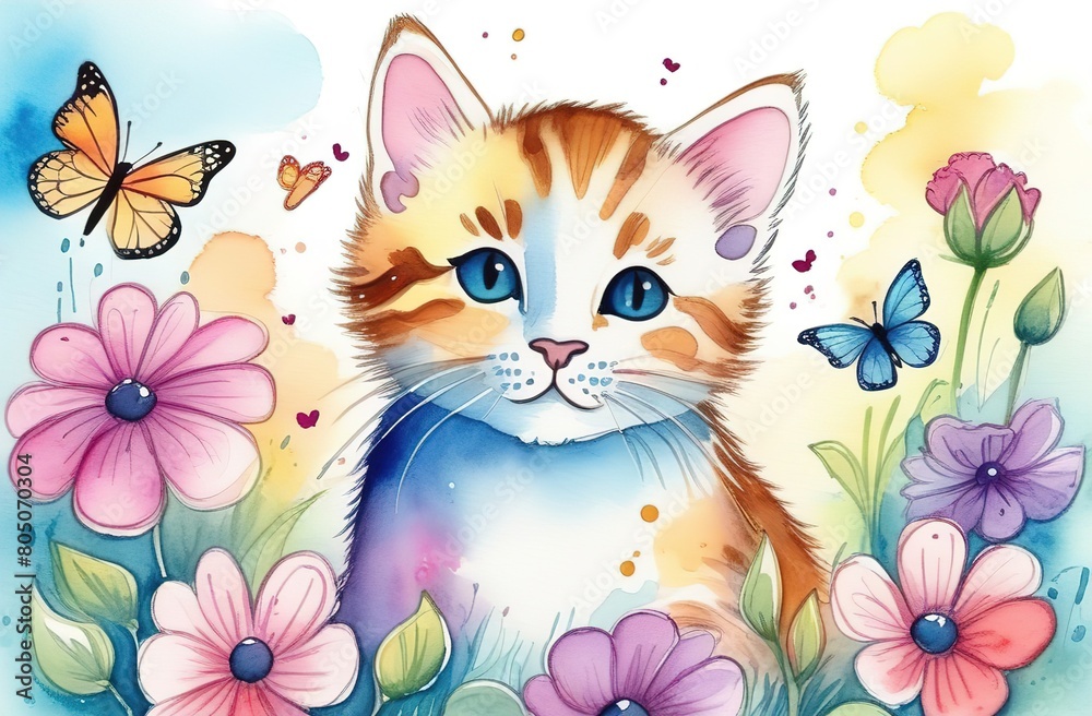 Obraz premium A beautiful, red, white cat with flowers and butterflies. A big head. A colored postcard. Cover for a notebook, book, notebook. Mother's Day, March 8, birthday, congratulations on the holiday