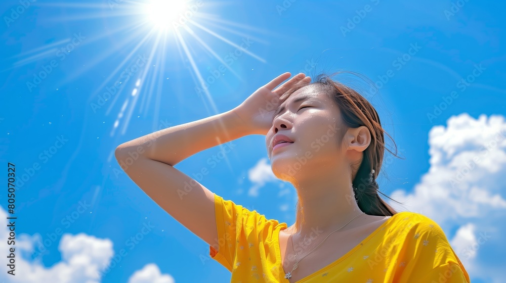 a woman sweating on a hot day. heat stroke. hot summer. exhausted from the heat. Extreme weather conditions. a woman sweating on a hot day. heat stroke. hot summer. exhausted from the heat. Extreme weather conditions.