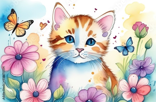 A beautiful, red, white cat with flowers and butterflies. A big head. A colored postcard. Cover for a notebook, book, notebook. Mother's Day, March 8, birthday, congratulations on the holiday © Ольга Деревяженкова