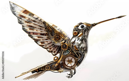 Render of a steampunk metal 3D illustration of a hummingbird, on a white background photo