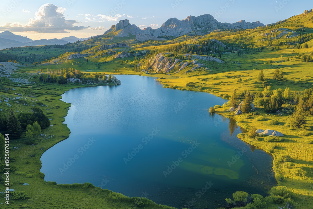 Naklejka premium Drone capture of a national park with large lakes, rolling hills, and a diverse ecosystem. AI generated.