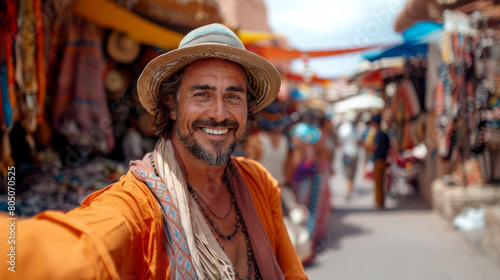 Joyful Male Tourist Taking a Selfie at Vibrant Jamaa el-Fna Market in Morocco photo