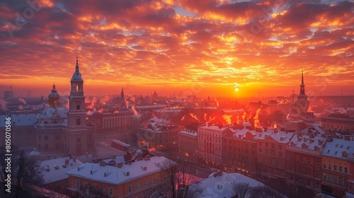 Breathtaking Sunrise Over Lviv's Historic Cityscape with Fiery Sky and Snow-Covered Roofs photo