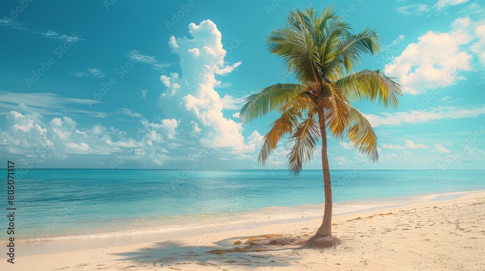 Idyllic Tropical Beach with Vibrant Blue Sky and Solitary Palm Tree
