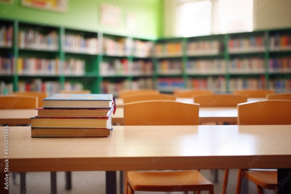 Focused Image of Stacked Books in a Sunlit Library with Blurred Shelves Focused Image of Stacked Books in a Sunlit Library with Blurred Shelves