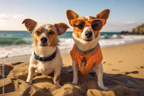 Two Adorable Dogs Enjoying a Sunny Day at the Beach in Stylish Outfits © Generative ART