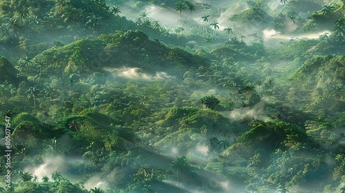 A dense forest teems with tall trees and rises with wisps of mist from their tops to their bases