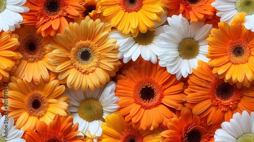   An orange and white flower with a yellow center  surrounded by smaller orange and white flowers
