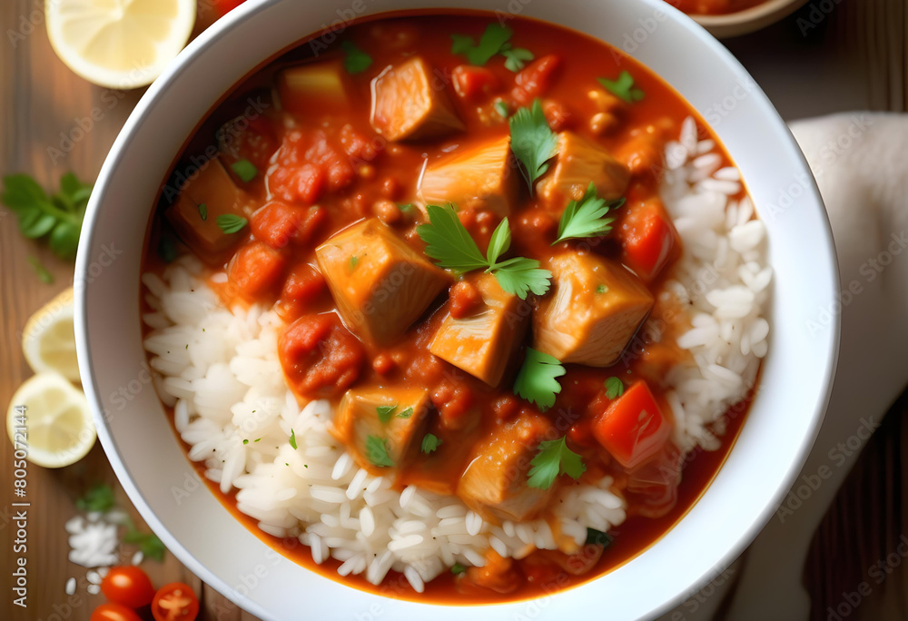 A savory turkey stew served over fluffy rice, with vibrant colors and detailed realism. A savory turkey stew served over fluffy rice, with vibrant colors and detailed realism.