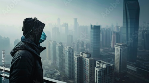A person standing on a high vantage point overlooks a densely built cityscape shrouded in haze, with skyscrapers rising in the background.