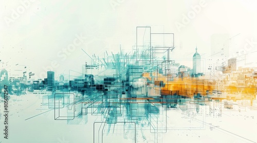 Abstract digital art representing a cityscape with a blend of architectural lines and shapes in a palette of blues, oranges, and whites, suggesting a modern, dynamic urban scene.