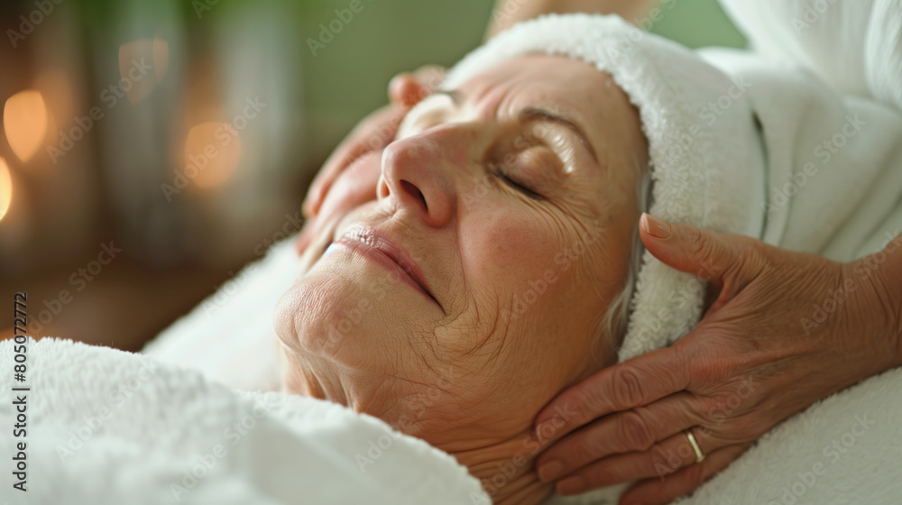 A senior woman receiving a massage at a spa A senior woman receiving a massage at a spa