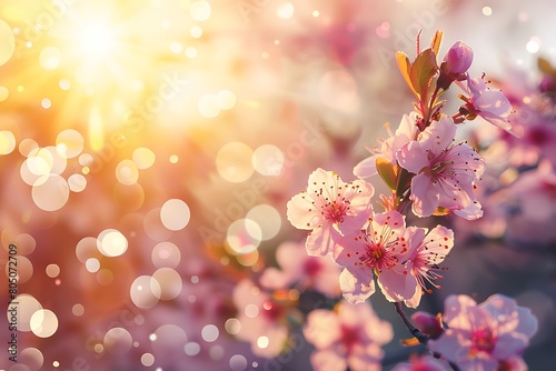 Spring border or background art with pink blossom. Beautiful nature scene with blooming tree and sun flare .