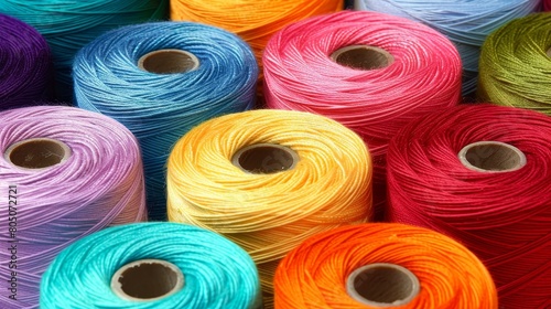 Assorted colorful cotton threads on spools for sewing and embroidery projects and crafts