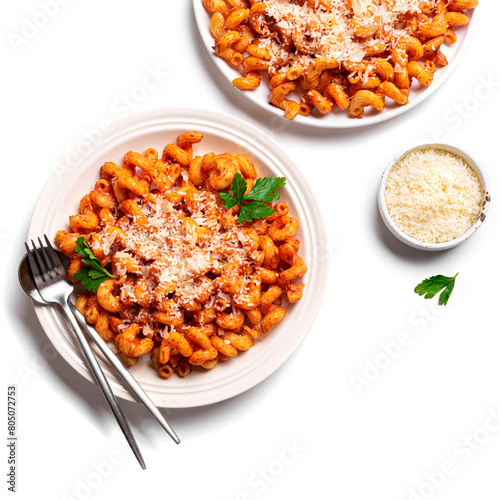 Pasta with tomato sauce and grated parmesan cheese photo