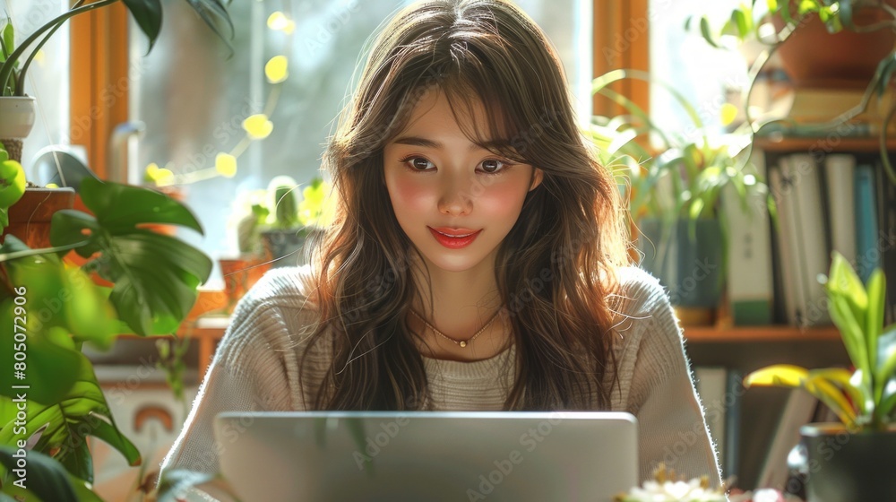 Young Asian Woman Using Laptop in a Cozy Room Filled with Plants and Books Young Asian Woman Using Laptop in a Cozy Room Filled with Plants and Books