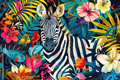 Zebra in painting among flowers and leaves  immersed in natural environment