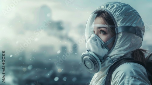 A person wearing a protective suit and gas mask against a snowy, industrial backdrop, suggesting a hazardous environment or post-apocalyptic setting. photo