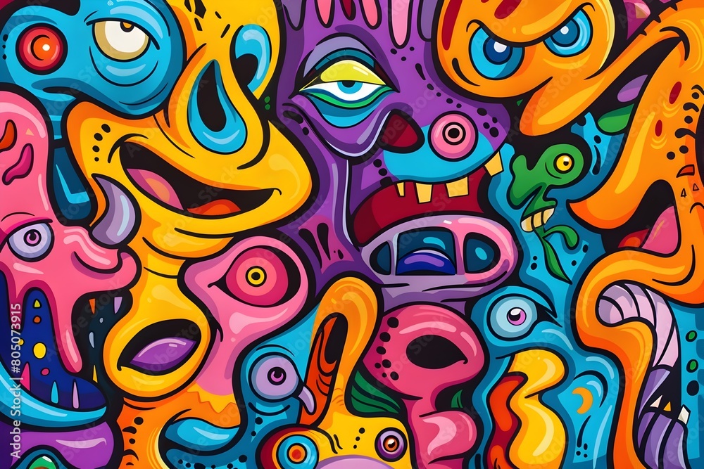 Whimsical Abstract of Mischievous Imps and Sprites in Vivid Neon Colors