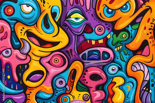 Whimsical Abstract of Mischievous Imps and Sprites in Vivid Neon Colors