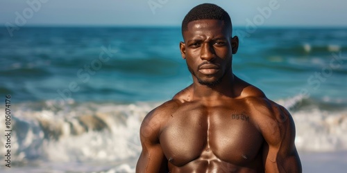 muscular black man standing on beach AIG51A.