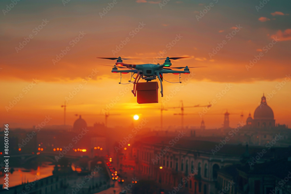 A drone courier delivers an order against the backdrop of city sunset A drone courier delivers an order against the backdrop of city sunset
