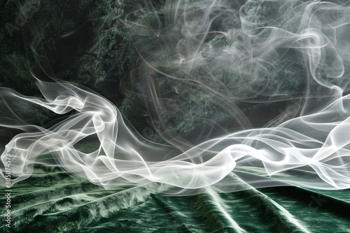 Bright white smoke abstract background curls over a deep green velvet floor.