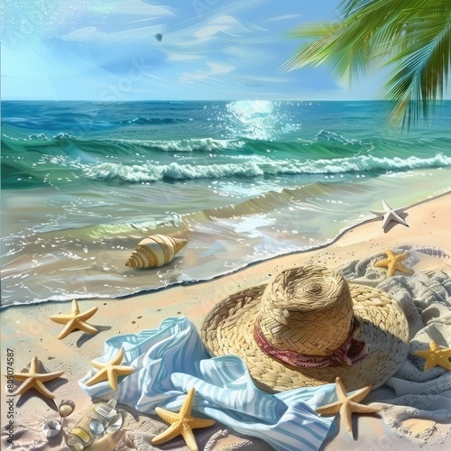Sandy Beach with Straw Hat, Starfish, Seashells, and Ocean Waves