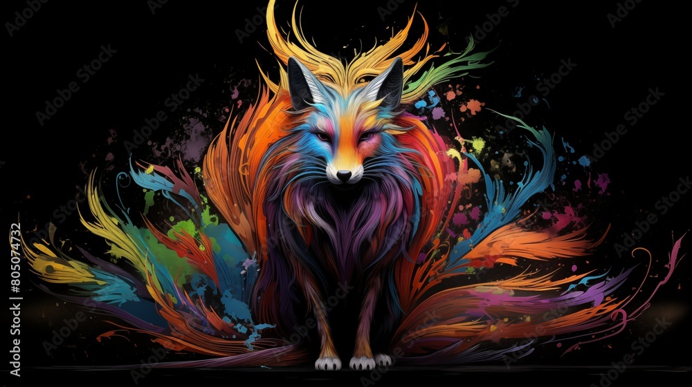 Obraz premium Abstract Colorful Illustration of a Nine-Tailed Fox on a Black Background