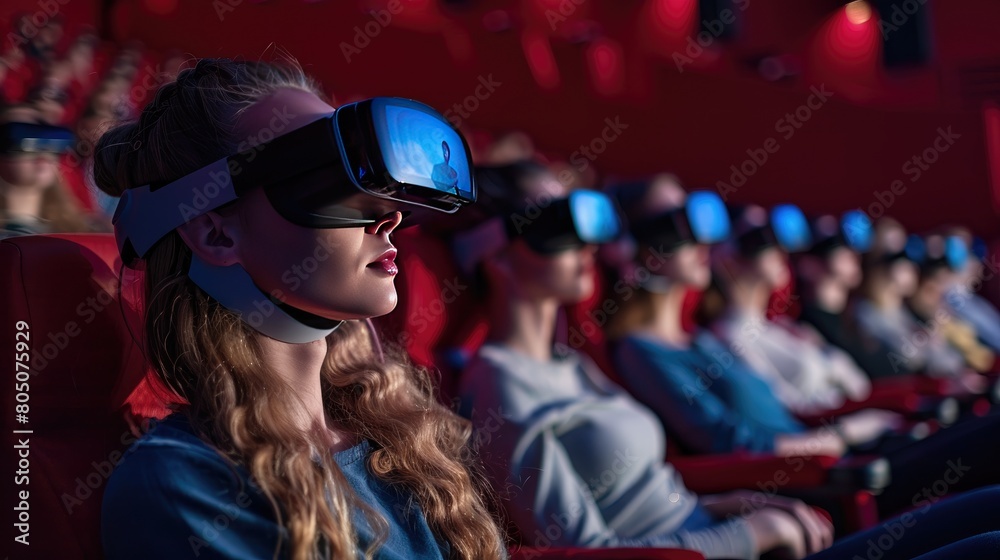 Audience wearing AR/VR eyeglasses, watching movie in cinema room, luxury interior design theater, AI generated for ads Audience wearing AR/VR eyeglasses, watching movie in cinema room, luxury interior design theater, AI generated for ads
