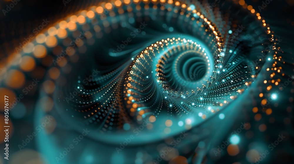 Galactic Twilight: 3D spirals harmonize with soft dots against a dark background, creating a futuristic tranquility. Galactic Twilight: 3D spirals harmonize with soft dots against a dark background, creating a futuristic tranquility.