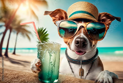 Dog on the beach with a cocktail. Generative AI, © Erik