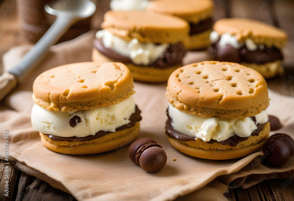 An ice cream sandwich with chocolate on a wooden table