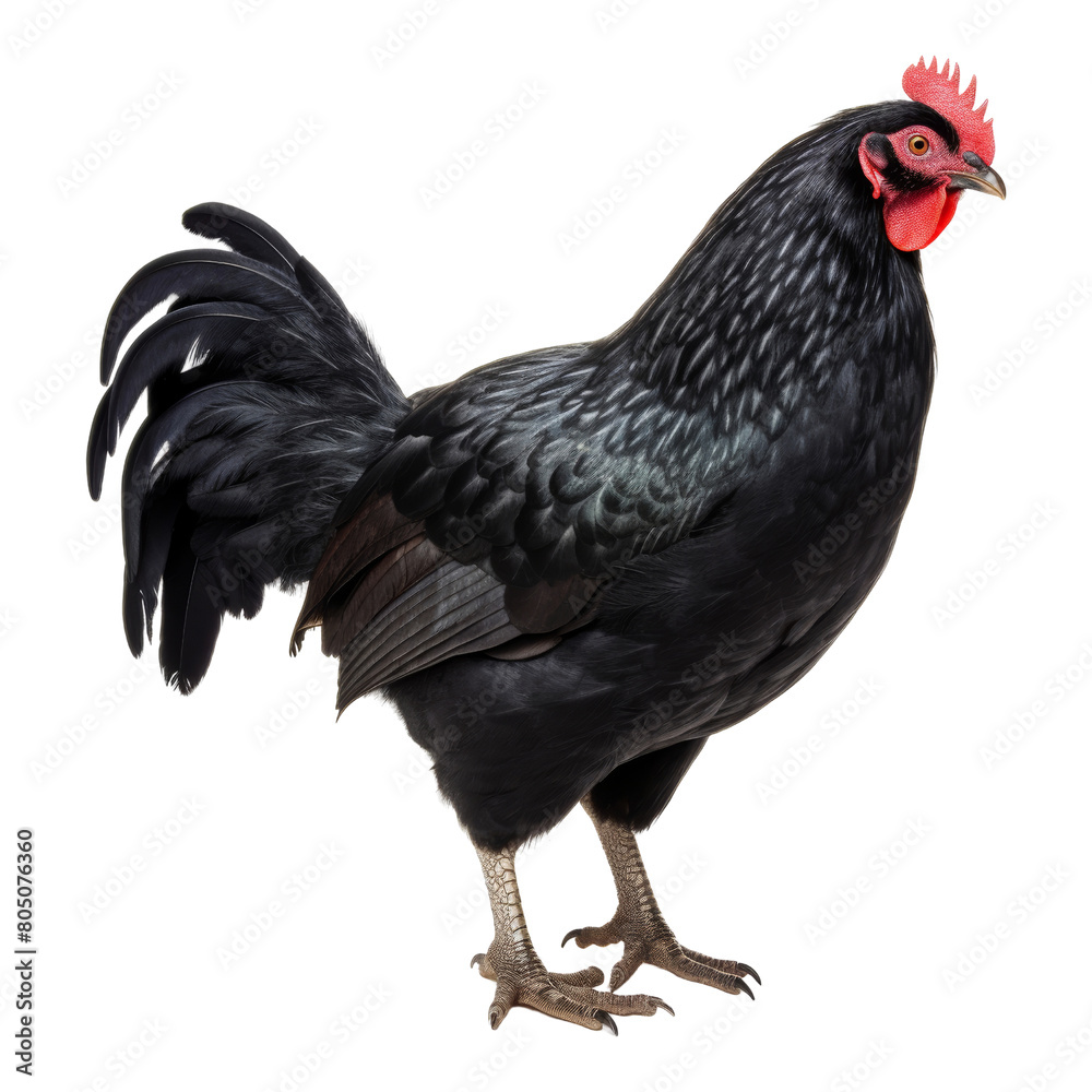 black rooster isolated on transparent background cutout