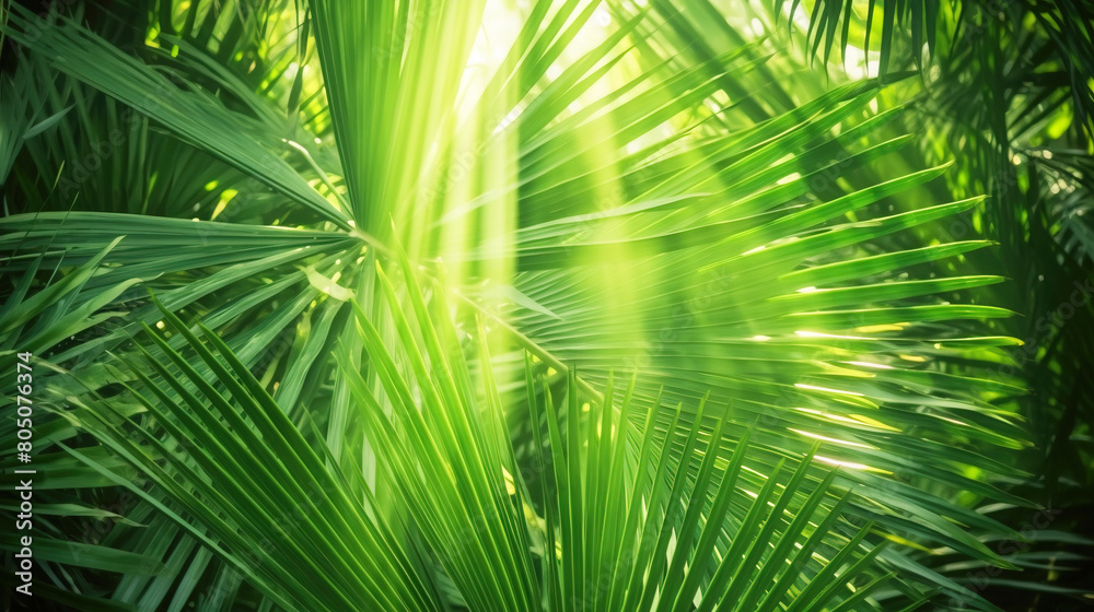 Nature, tropical palm leaves with sun rays in summer, wallpaper background. AI generated. Nature, tropical palm leaves with sun rays in summer, wallpaper background. AI generated.
