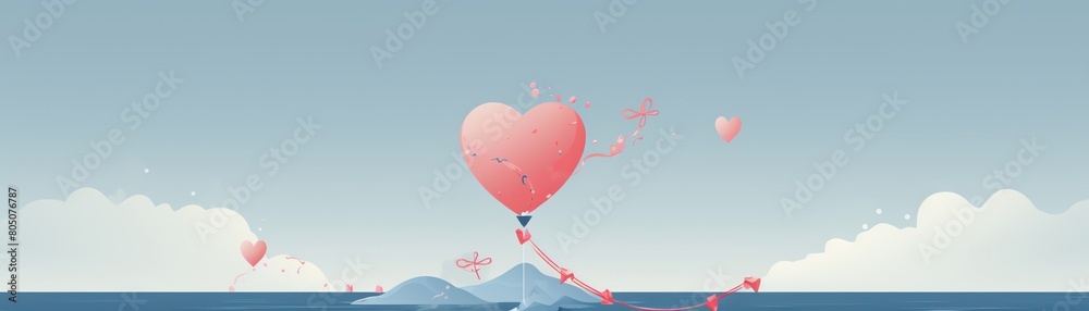 A pink heart-shaped balloon floats above a small island in the middle of a vast ocean