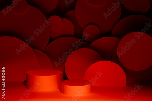 Abstract scene for presentation cosmetic products mockup - two round cylinder podiums in dark red glowing light, circles as geometric decor. Template for showing, displaying in love passion style.