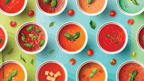 Collage of bowls with tasty tomato soup on color background
