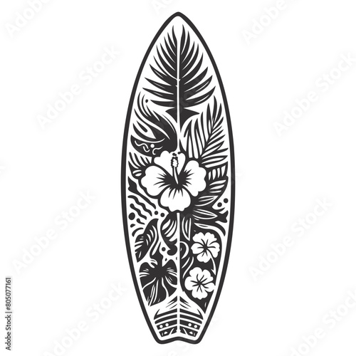 surfboard with tropical patterns line art.