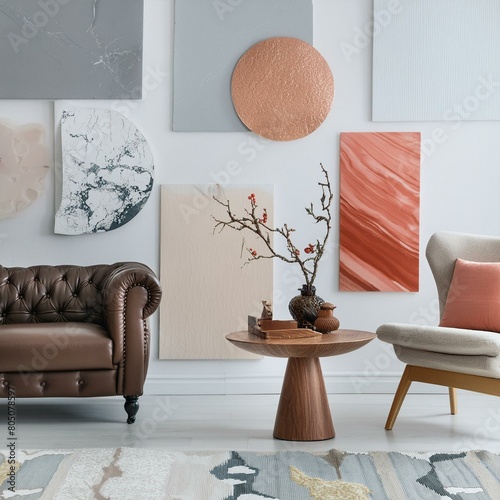 an opulent interior design moodboard highlighting the use of luxurious materials such as leather, marble, timber, brass, and a coral piece, paired with neutral colors to evoke a sense of timeless luxu photo