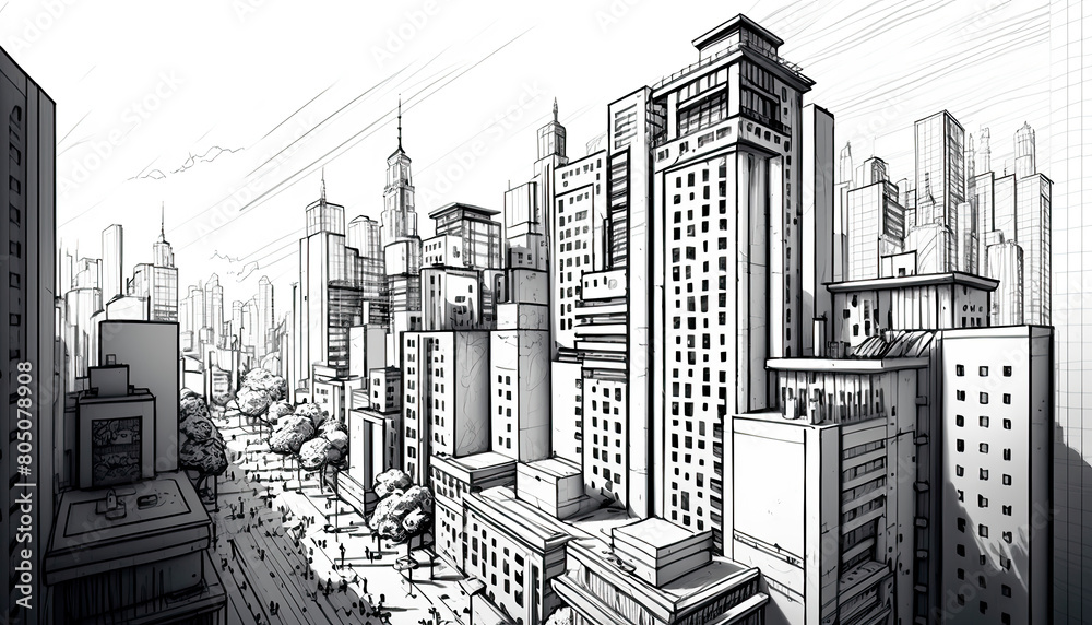 City pencil sketch. Generative AI,