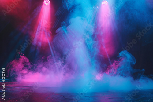Electric blue smoke abstract background on a stage under a coral pink spotlight  creating a pop of color against a dark grey backdrop.