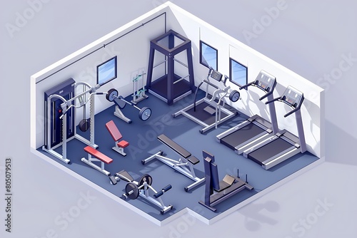 Vector isometric low poly gym oom icon. Vector isometric low poly gym and fitness room cutaway icon. Room includes gym exercise equipment and machines .