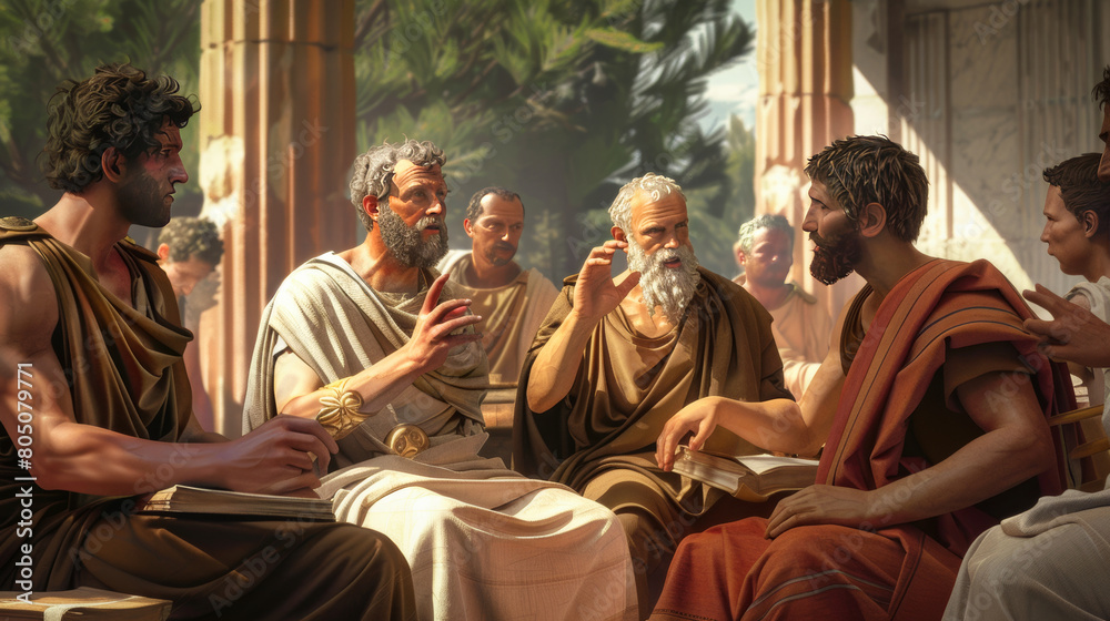 Ancient Greek philosophers discussing at philosphy school Ancient Greek philosophers discussing at philosphy school