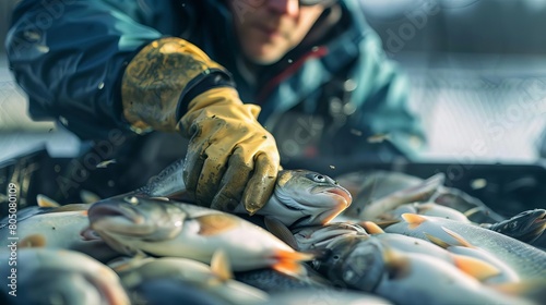 Fisheries biologist performing fish population culls to manage overpopulation or disease, a necessary but often unpopular activity photo