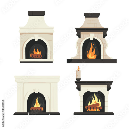 Four different designs fireplace illustrations, featuring fire burning within. Classic modern styles fireplaces represented varying mantels hearths. Graphic elements include flames, wood logs