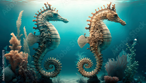 sea horses in the sea. Generative AI, photo