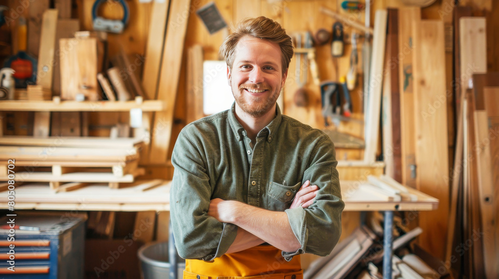 A portrait of smiling male carpenter standing in front of his woodwork workshop A portrait of smiling male carpenter standing in front of his woodwork workshop