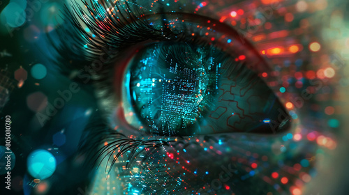 Translucent layers of digital information converging to form the intricate mosaic of a futuristic eye's perception.