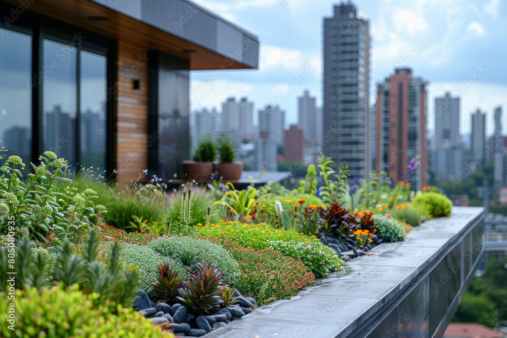 Fototapeta premium A thriving rooftop garden in a bustling city, featuring lush green plants and cityscape background. AI generated.
